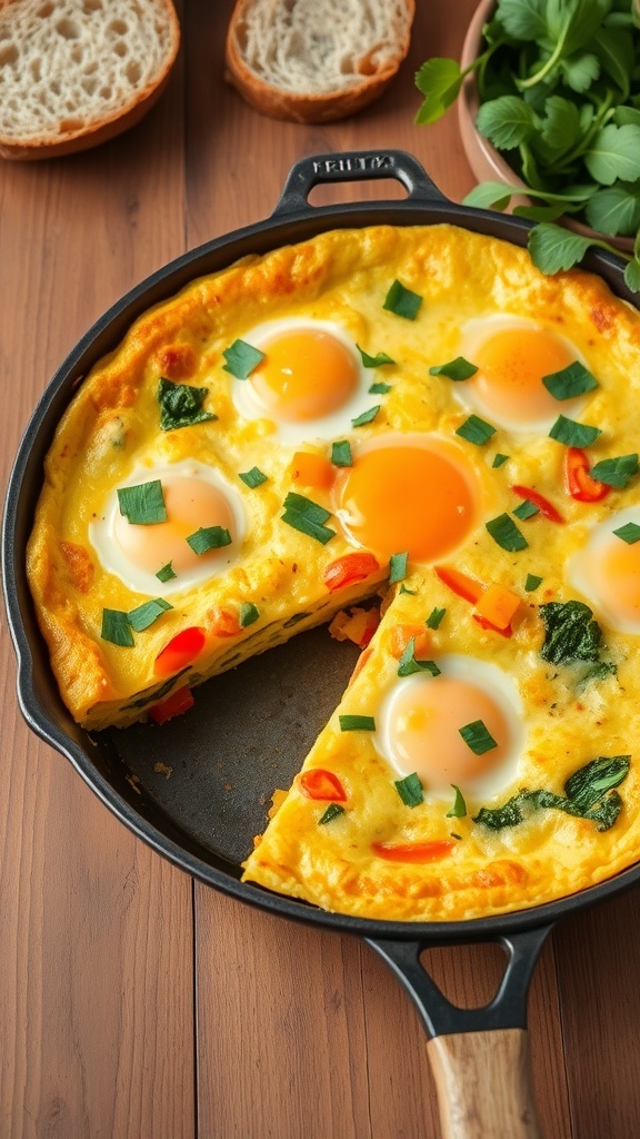 A golden vegetable frittata with bell peppers and spinach, garnished with herbs, in a rustic skillet on a wooden table.